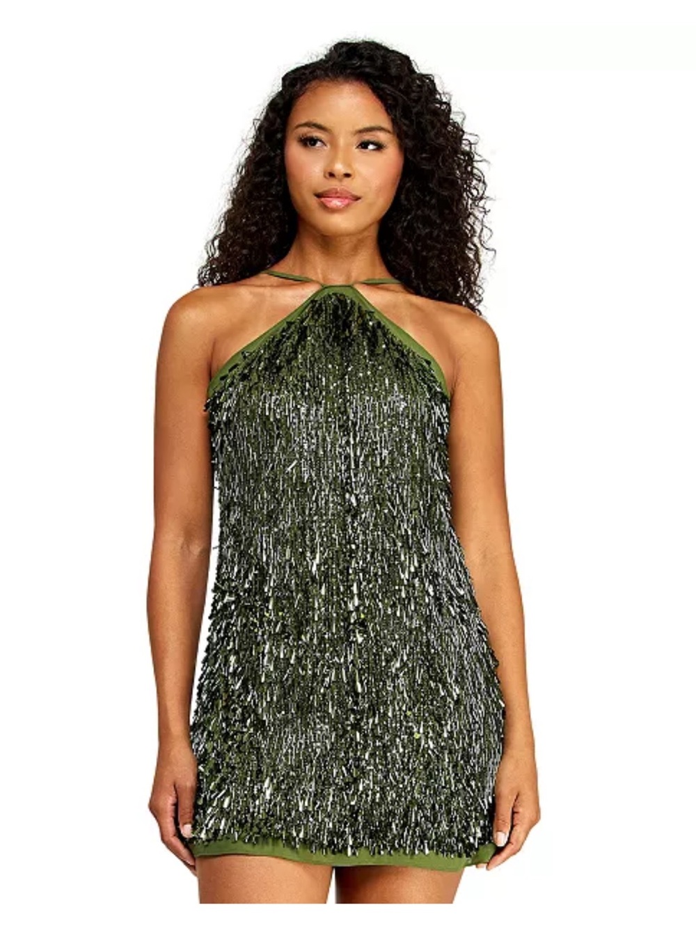 Olive Green Halter Fringe Party Dress